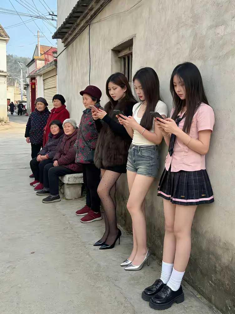 回村过年的姑娘也同大妈一样，无事可做，一个个在墙脚下晒太阳。只是大妈们棉袄大衣