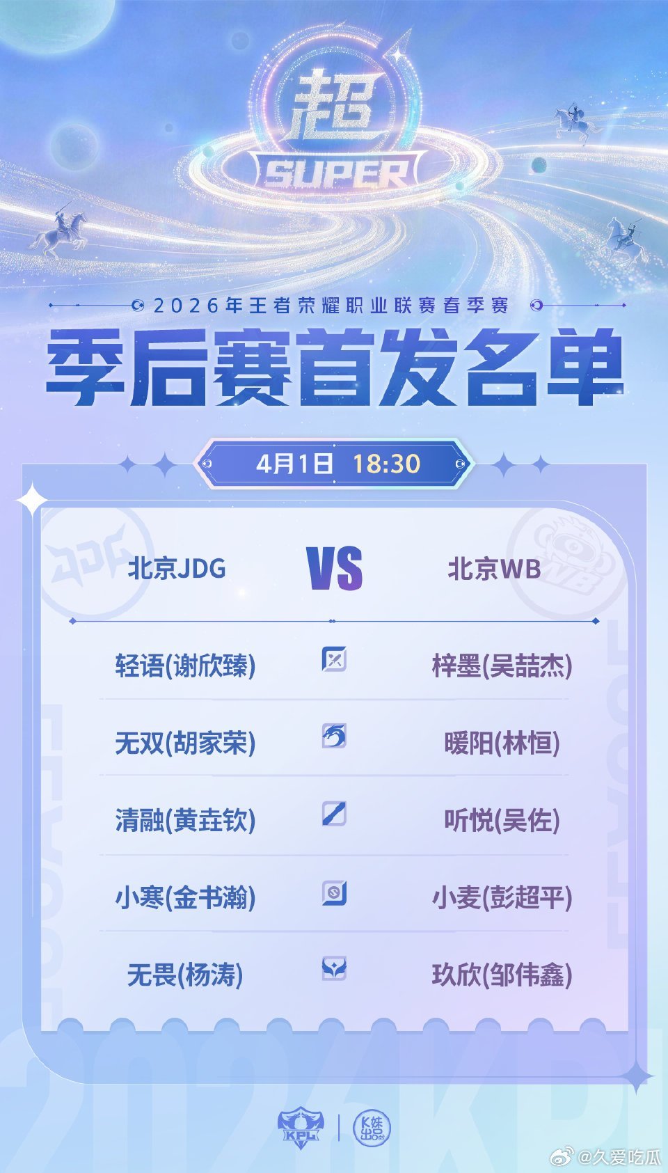 JDG对战WB｜首发名单解说席：一雪潇洒米苏评论席：英凯猪哼深巅主持：