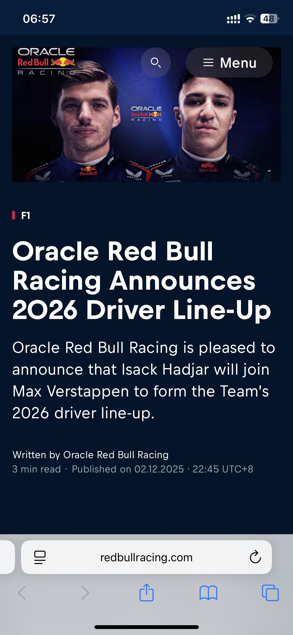 【红牛官宣2026车手阵容：维斯塔潘+哈贾尔】小红牛则由劳森搭档阿尔维德·林德布