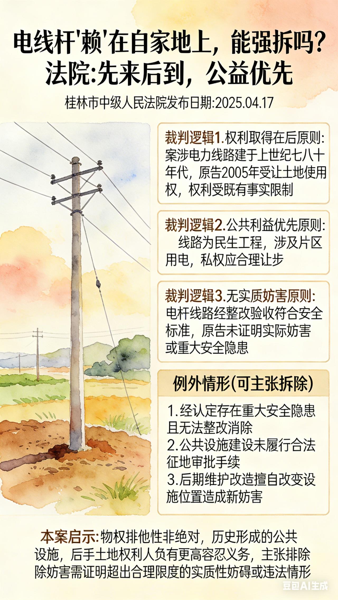电线杆“赖”在自家地上，能强拆吗?法院:先来后到，公益优先(桂林市中级人民法院