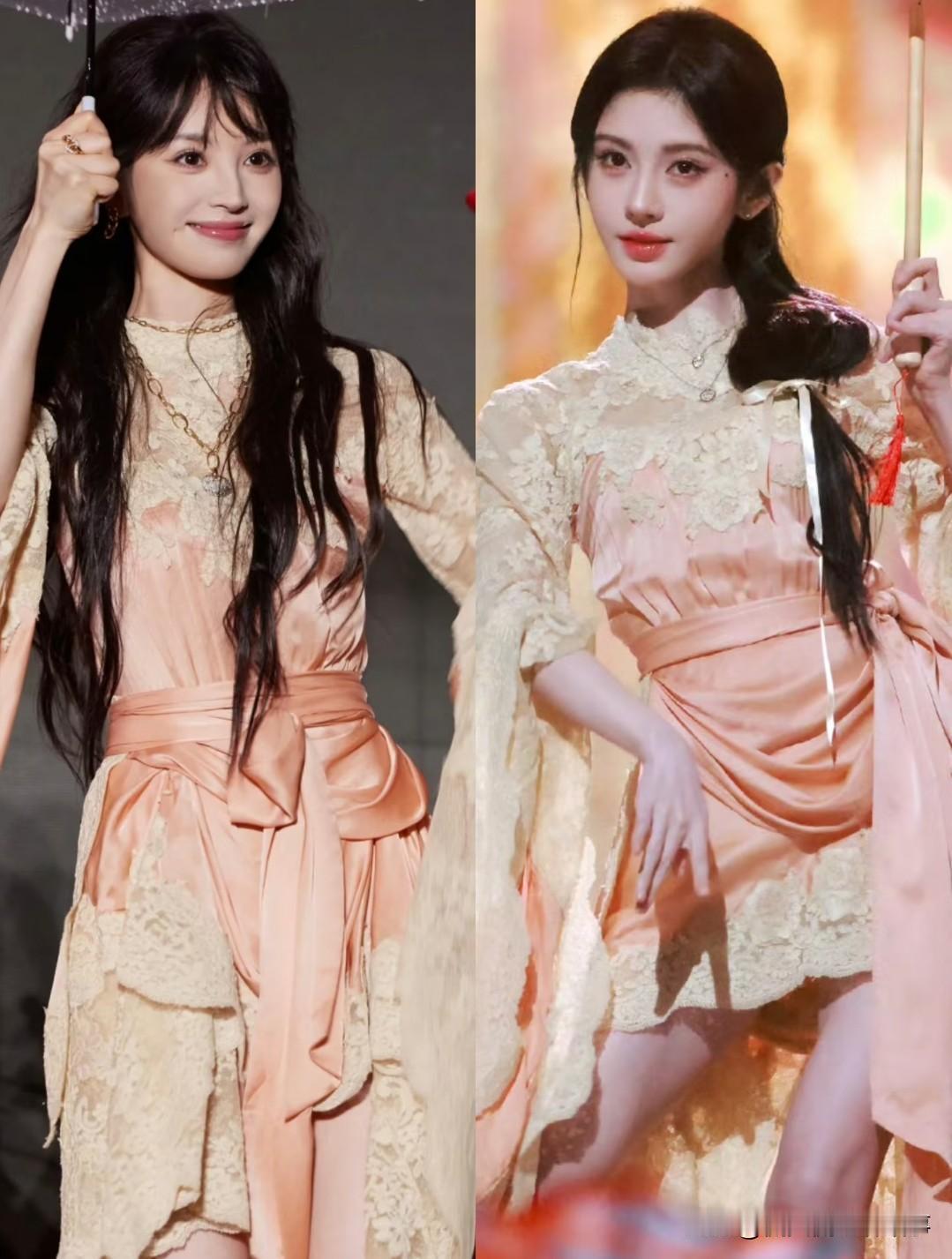 田曦薇和鞠婧祎穿同一条裙子，美出完全不同的感觉！小田是法式宫廷风，明媚俏皮