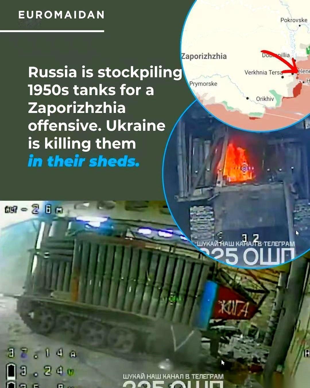 一辆70多岁的老古董T-55坦克，从生锈的仓库里被拖了出来，引擎轰鸣着开向扎波罗