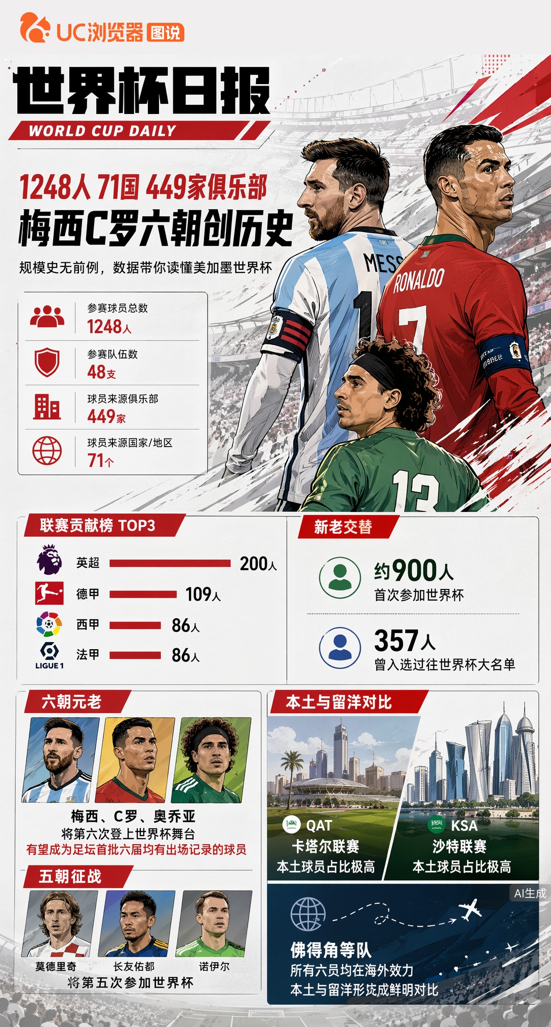 1248人71国449家俱乐部，2026世界杯六朝元老梅西C罗创历史