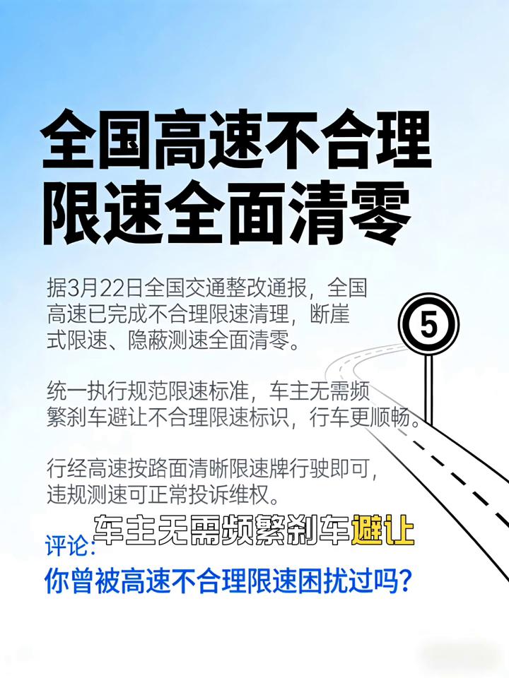 全国高速不合理限速全面清零。据3月22日全国交通整改通报，全国高速已完成不合理