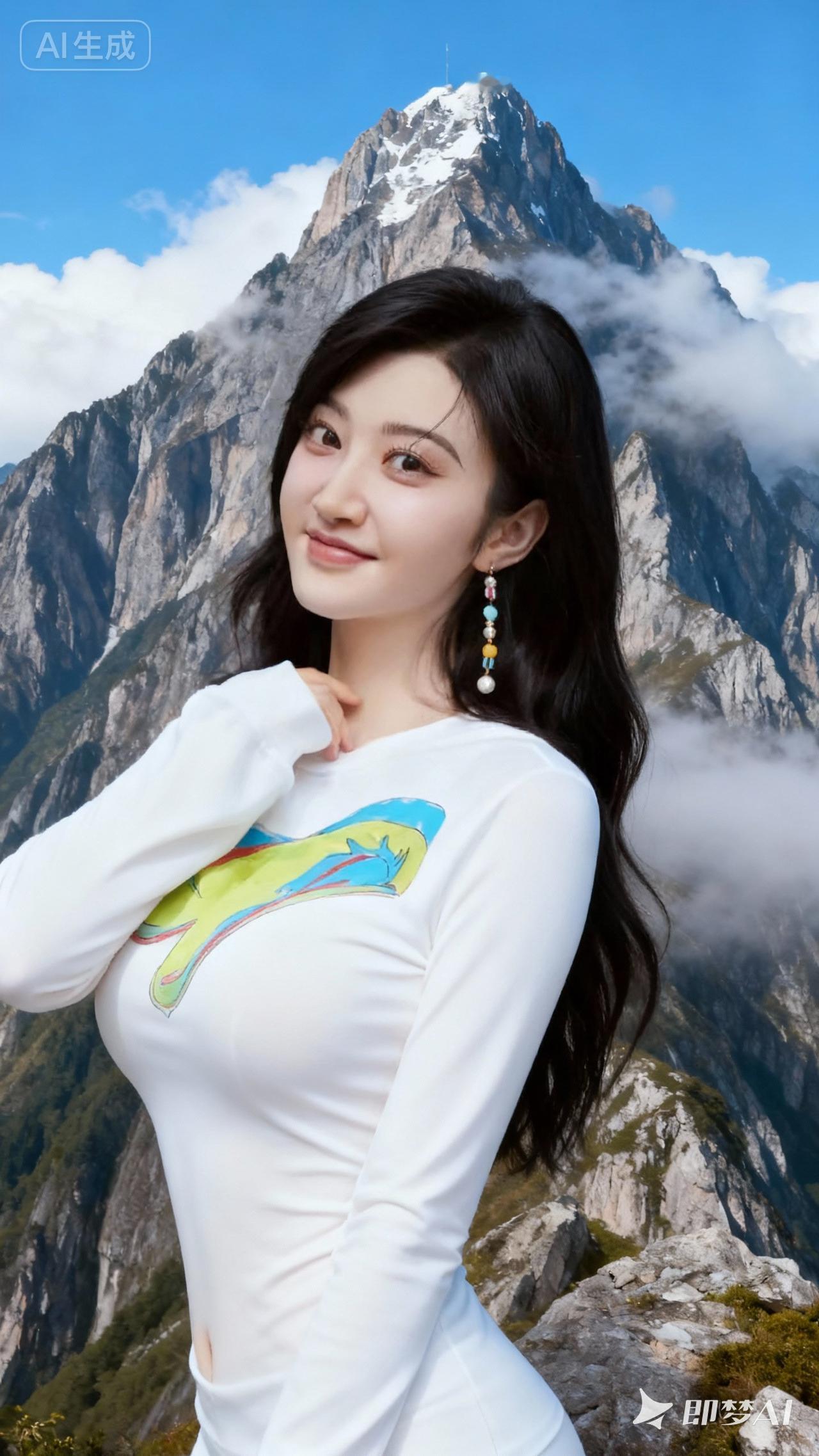 雪山下的少女，惊艳的风景，自然与美丽的完美融合！