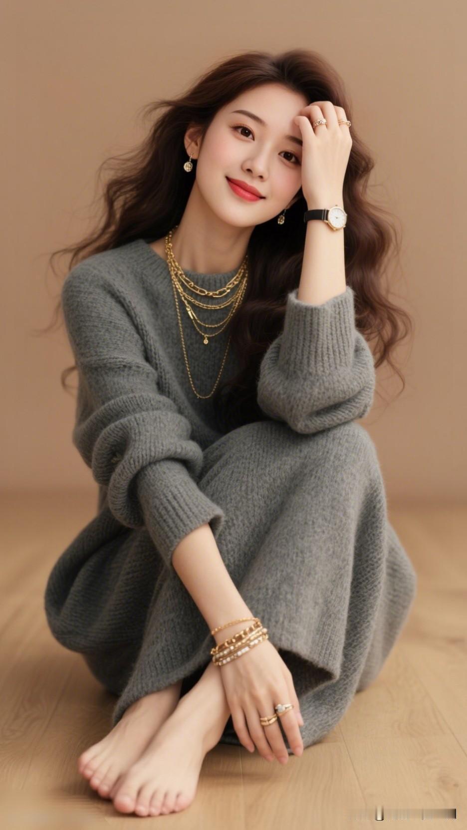 温柔甜美的冬日穿搭，灰色毛衣搭配金色首饰，温暖又时尚！🌟💖女人最耐看的长相是