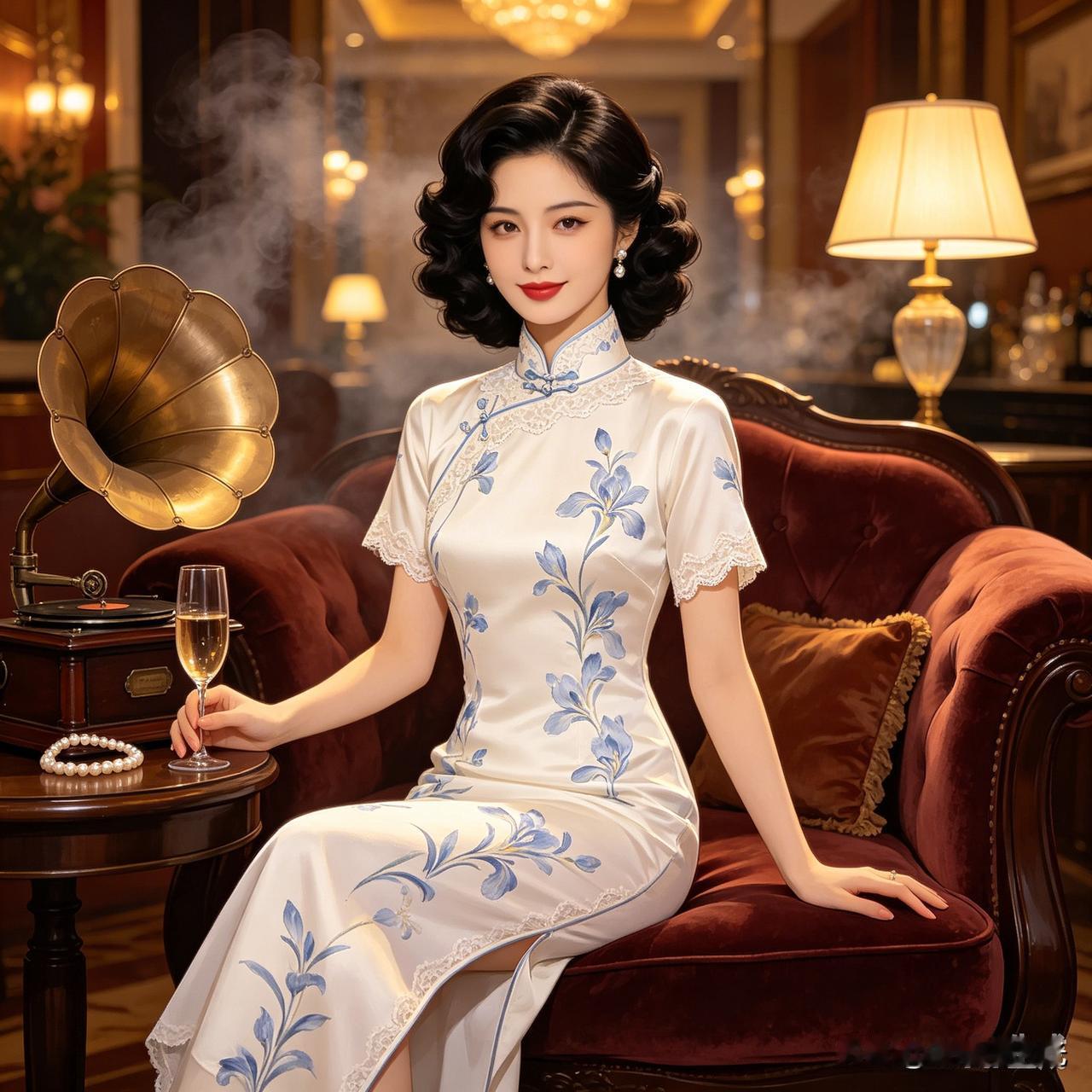 旧时光藏在留声机的旋律里，一袭白底蓝花旗袍，勾勒东方女子独有的温婉风韵。暖光漫过