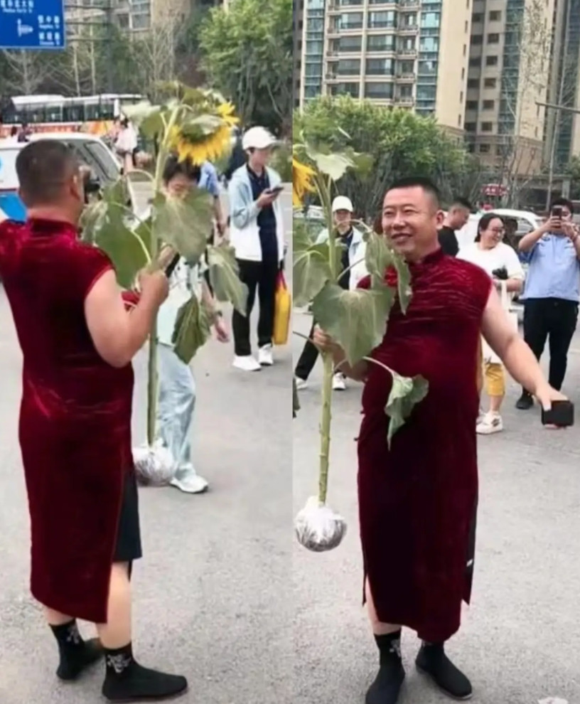 仅仅是参加一个高考，妈妈们穿旗袍还不过瘾，爸爸们也来凑热闹！大男人公然穿上紫内裤