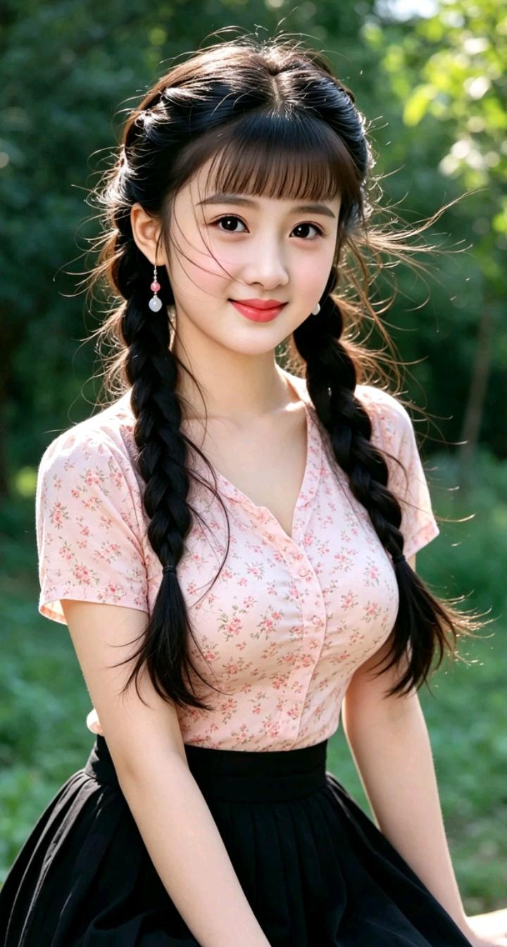 甜美少女风，粉色花衬衫搭配黑色百褶裙，清新自然！棕色衬衫裙粉色衬衫搭配法紫色