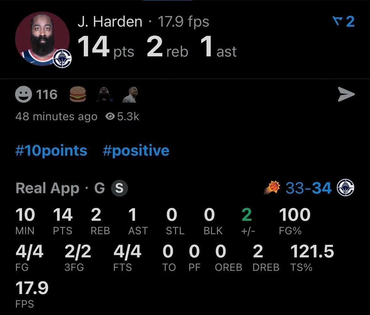 34岁哈登,一节打爆太阳,44分破队史纪录。没人防得住他,比尔上,不行;波尔上