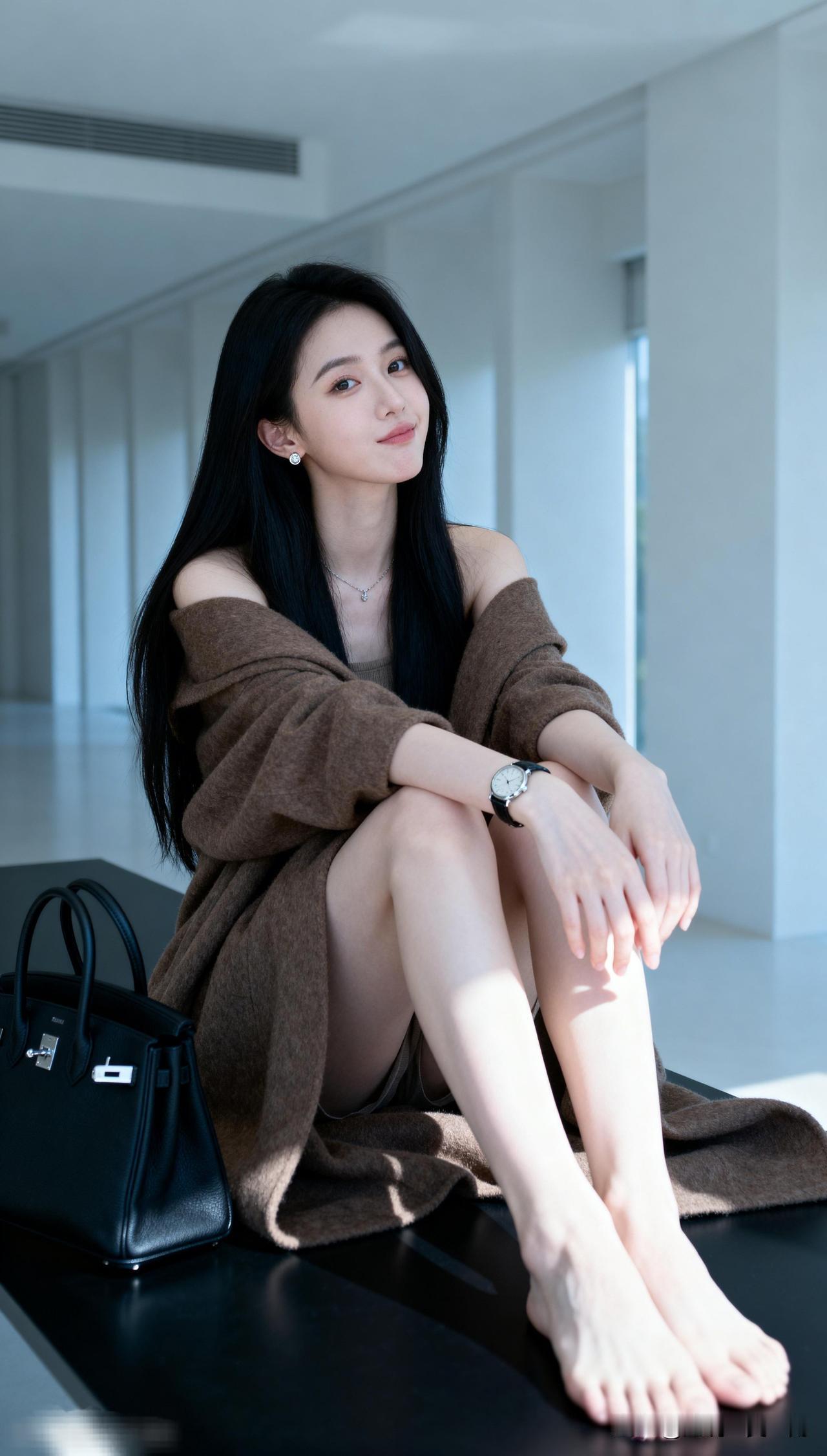 静坐庭前，岁月静好。有没有一种笑容让你怦然心动时尚穿搭优雅黑发美人，简约风穿