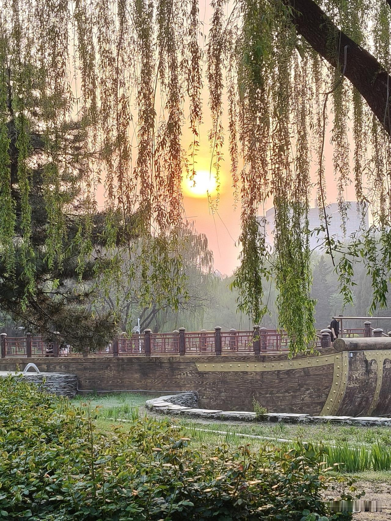 4月18日傍晚6点多，我漫步在元大都遗址公园的小月河畔。当时夕阳西下，天空像是