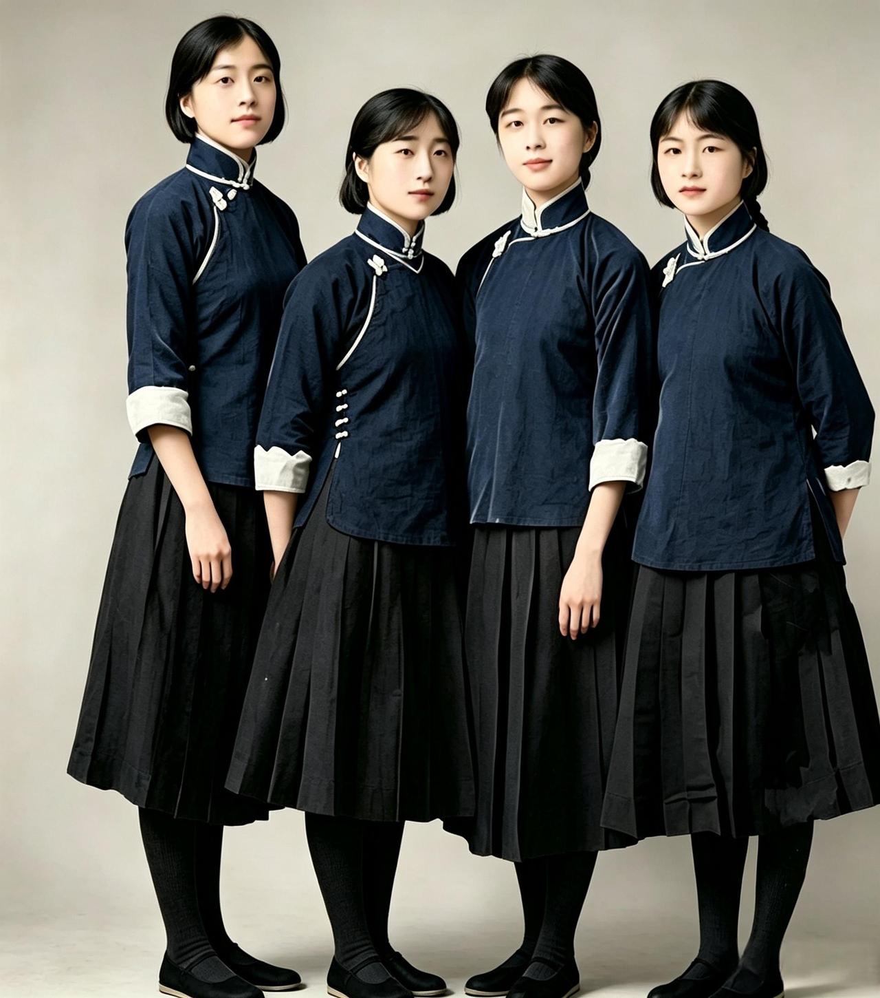 这是一九一六年，北京一家照相馆里，四个穿同样校服的女生整整齐齐站成一排。藏青斜襟