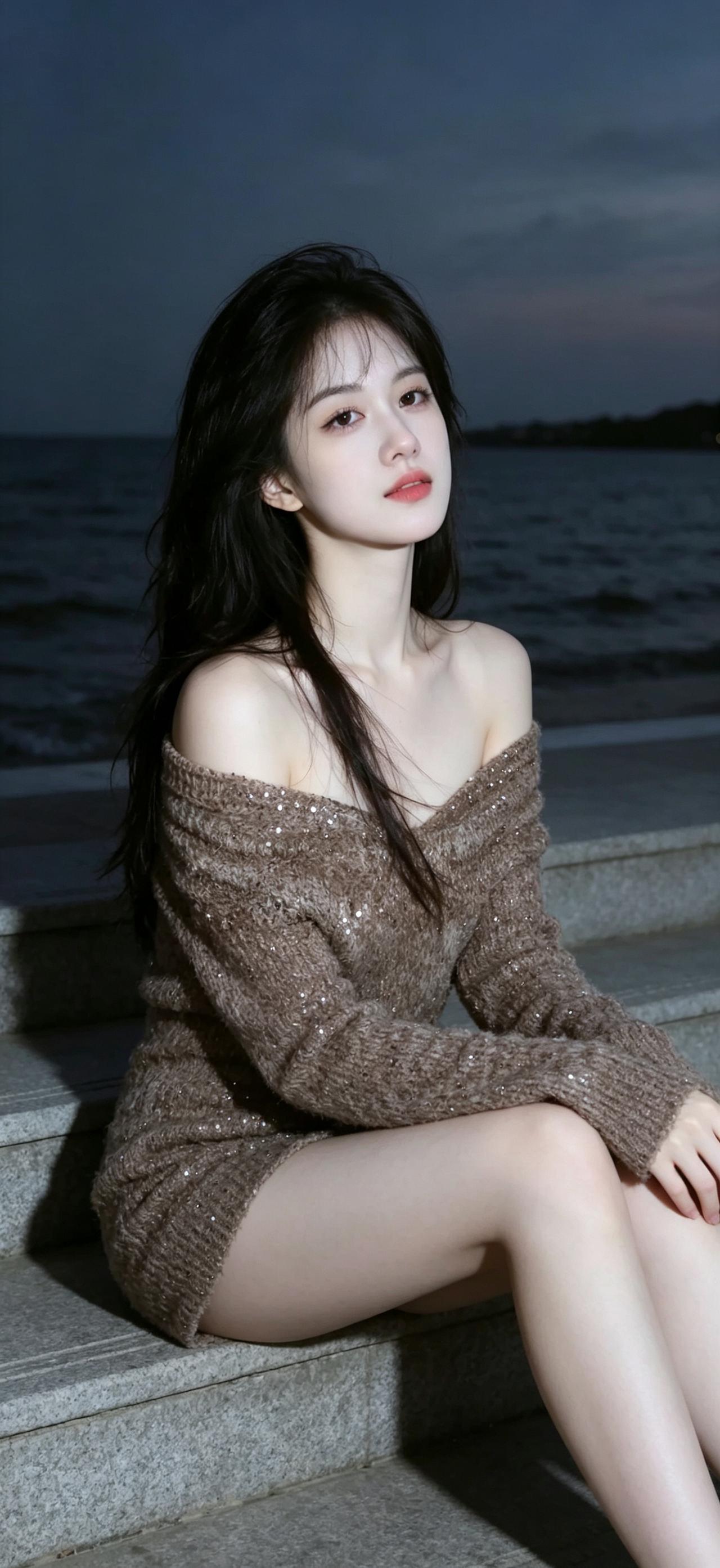 海边夜景下的少女，就像一颗璀璨的星星。她身着闪闪发光的连衣裙，每走一步都仿佛在夜