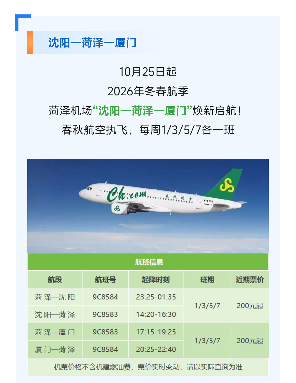 好消息:菏泽开通到沈阳和厦门的往返航班啦！机票非常便宜！200元起！坏消息:是廉
