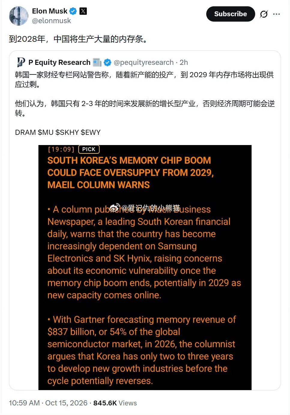 马斯克一句话，韩国股市熔断了。10月15日，马斯克在X上发推：“中国将在20