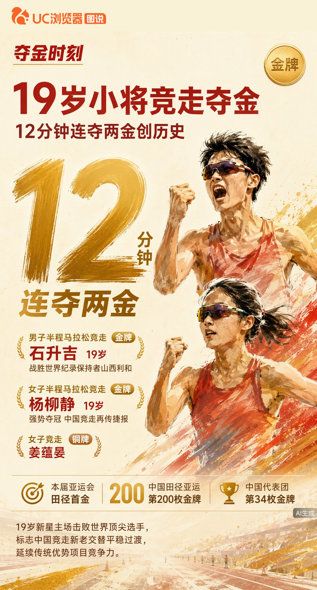 12分钟连夺两金！19岁石升吉击败世界纪录保持者山西利和，与杨柳静包揽亚运竞走双冠。这是中国田径亚运