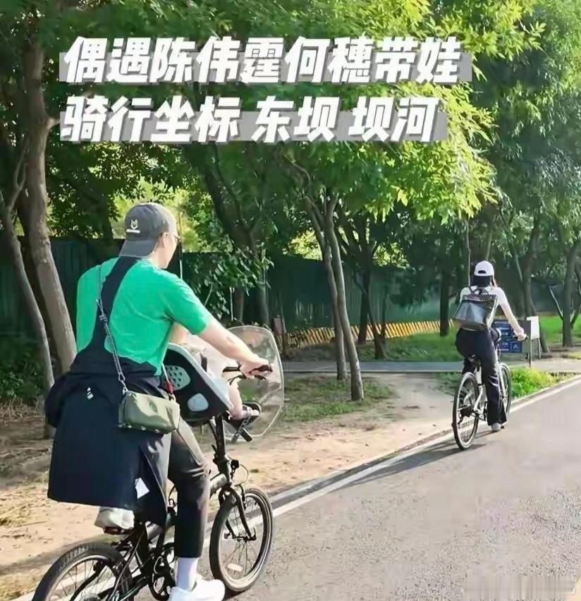 何穗陈伟霆带娃骑车这画面太反常，2025年官宣生子，至今没领证，财产独立。十个月