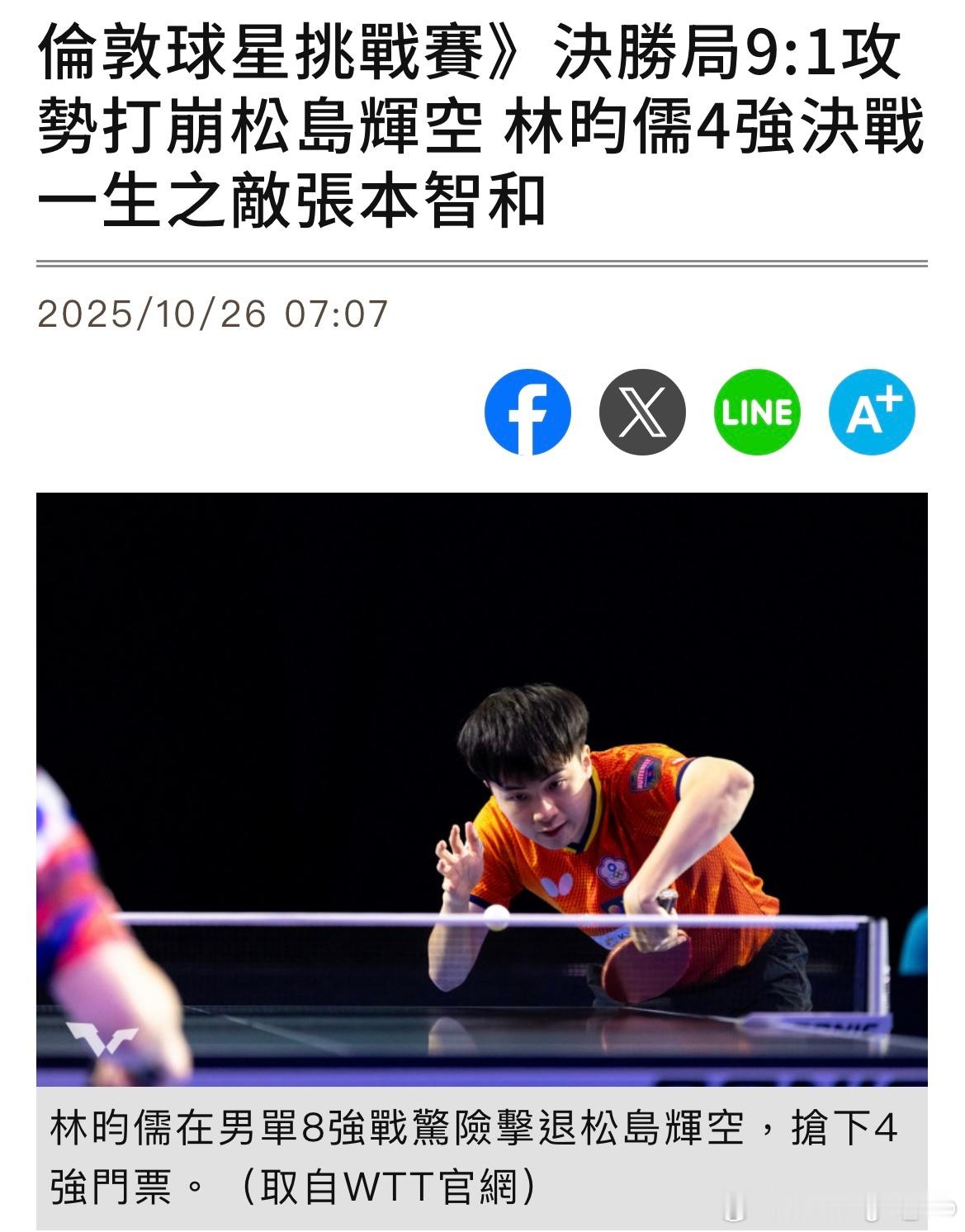 【台媒】决胜局9:1攻势打崩松岛辉空林昀儒4强决战一生之敌张本智和「沉默刺客」