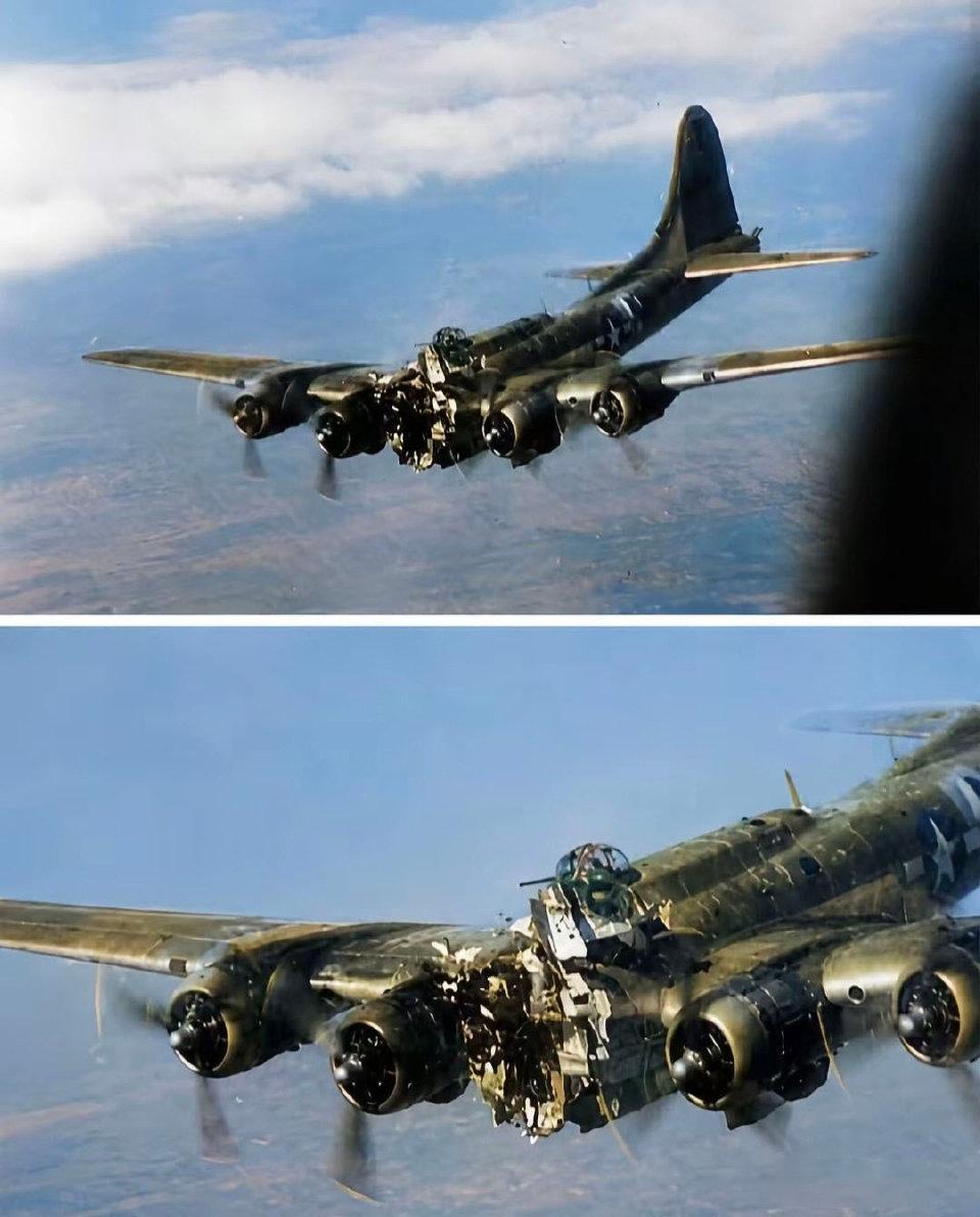 为什么B-17被称为“飞行堡垒”？图片上的B-17，机鼻部分被炸的很严重，领