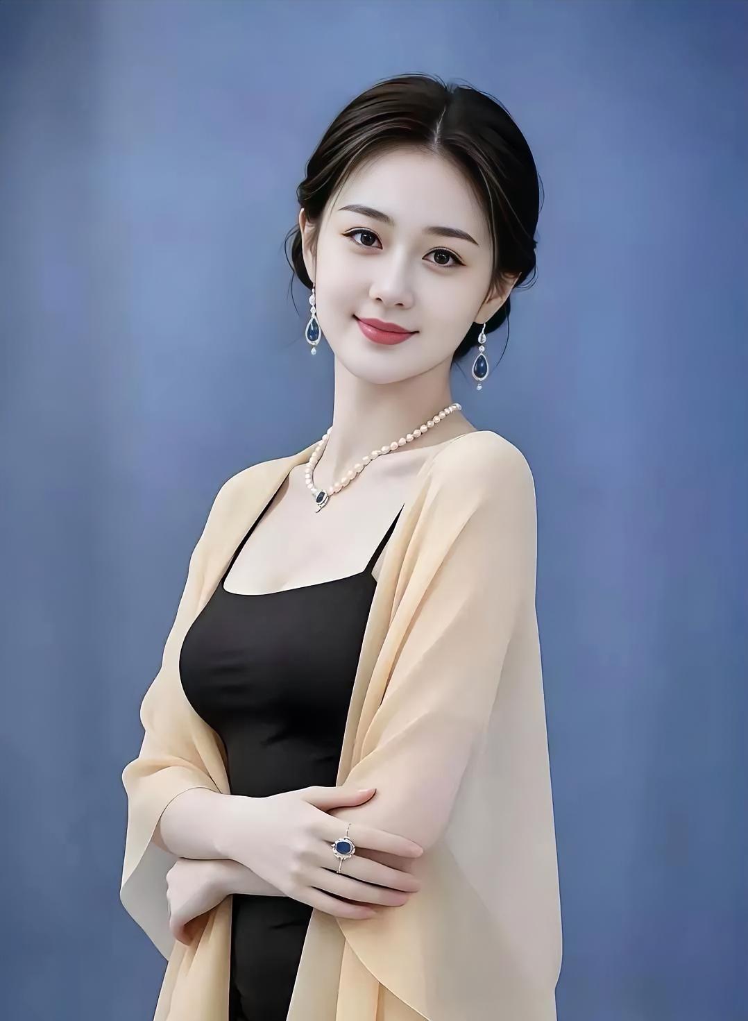《蓝韵柔光》浅黄薄纱，轻披黑底素衣，发髻微挽，笑意温婉如玉。珍珠蓝坠