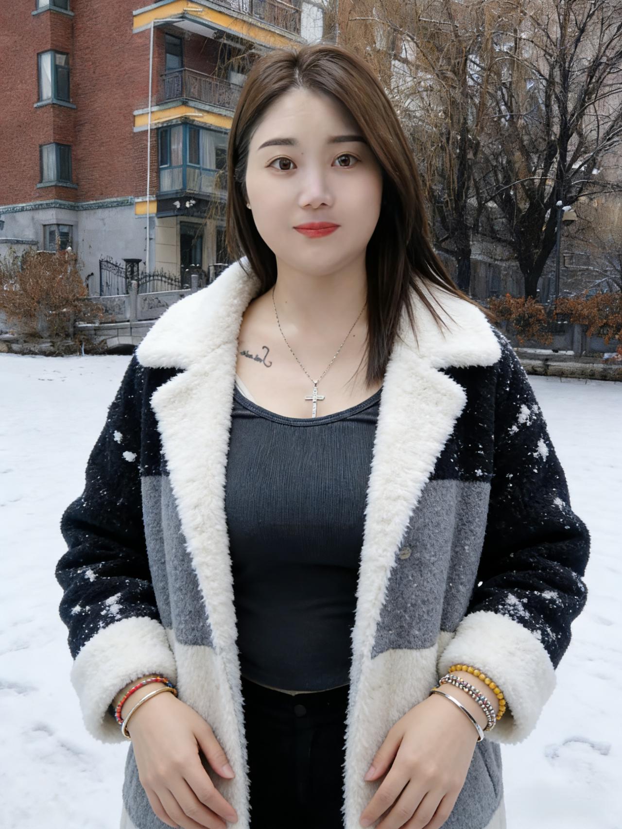 石亭覆雪映红墙，佳人独立意悠扬。黑白带绒添雅韵，风吹衣袂暗生香。