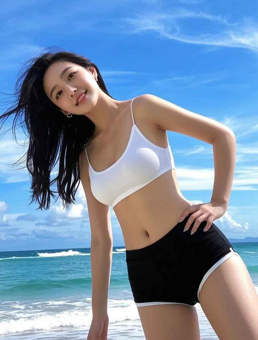 少妇的闲适剪影，定格海天之间