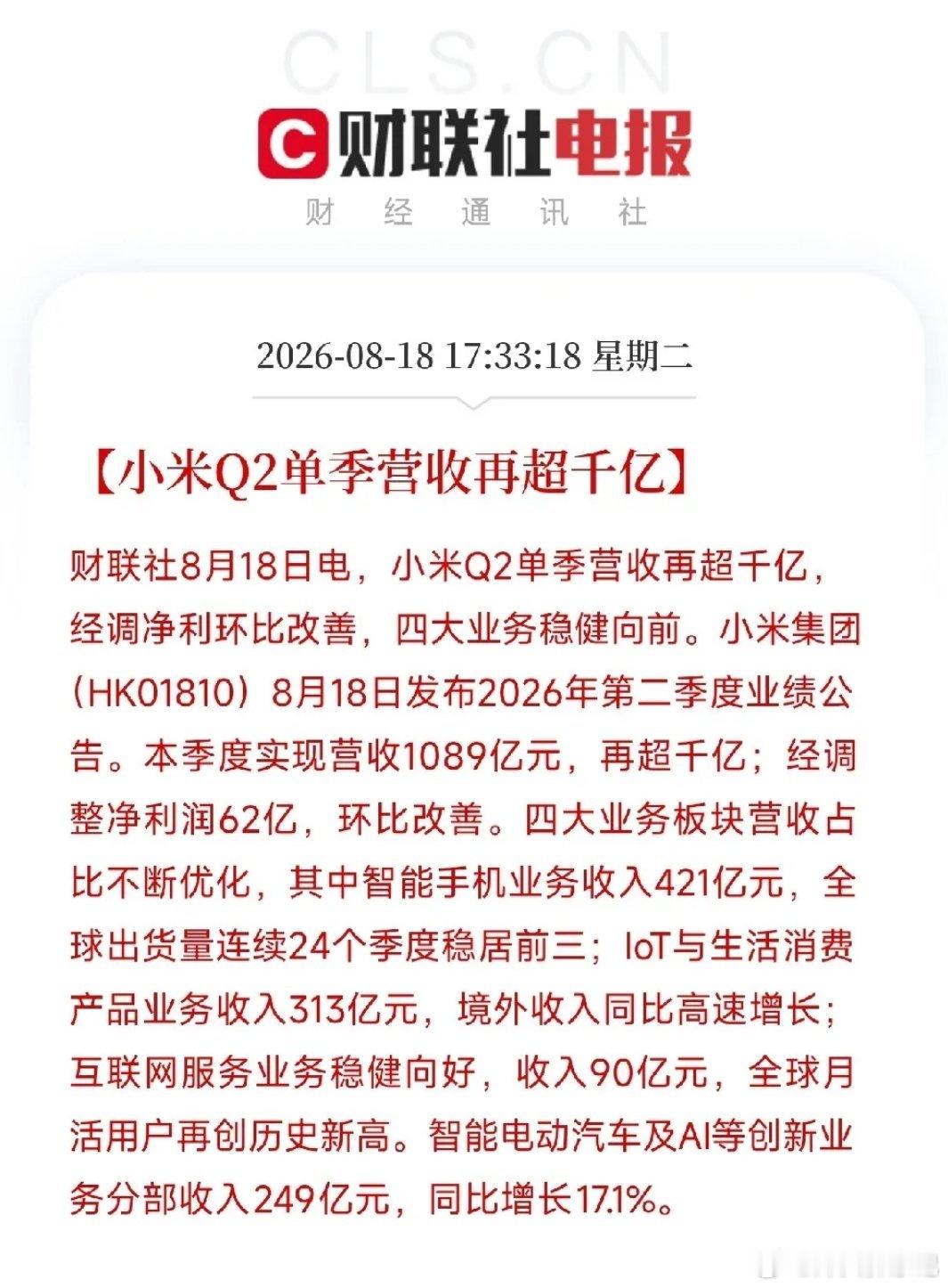 小米交出了第二季度成绩单，营收1089亿，再超千亿，经调整净利润62亿，环比改善