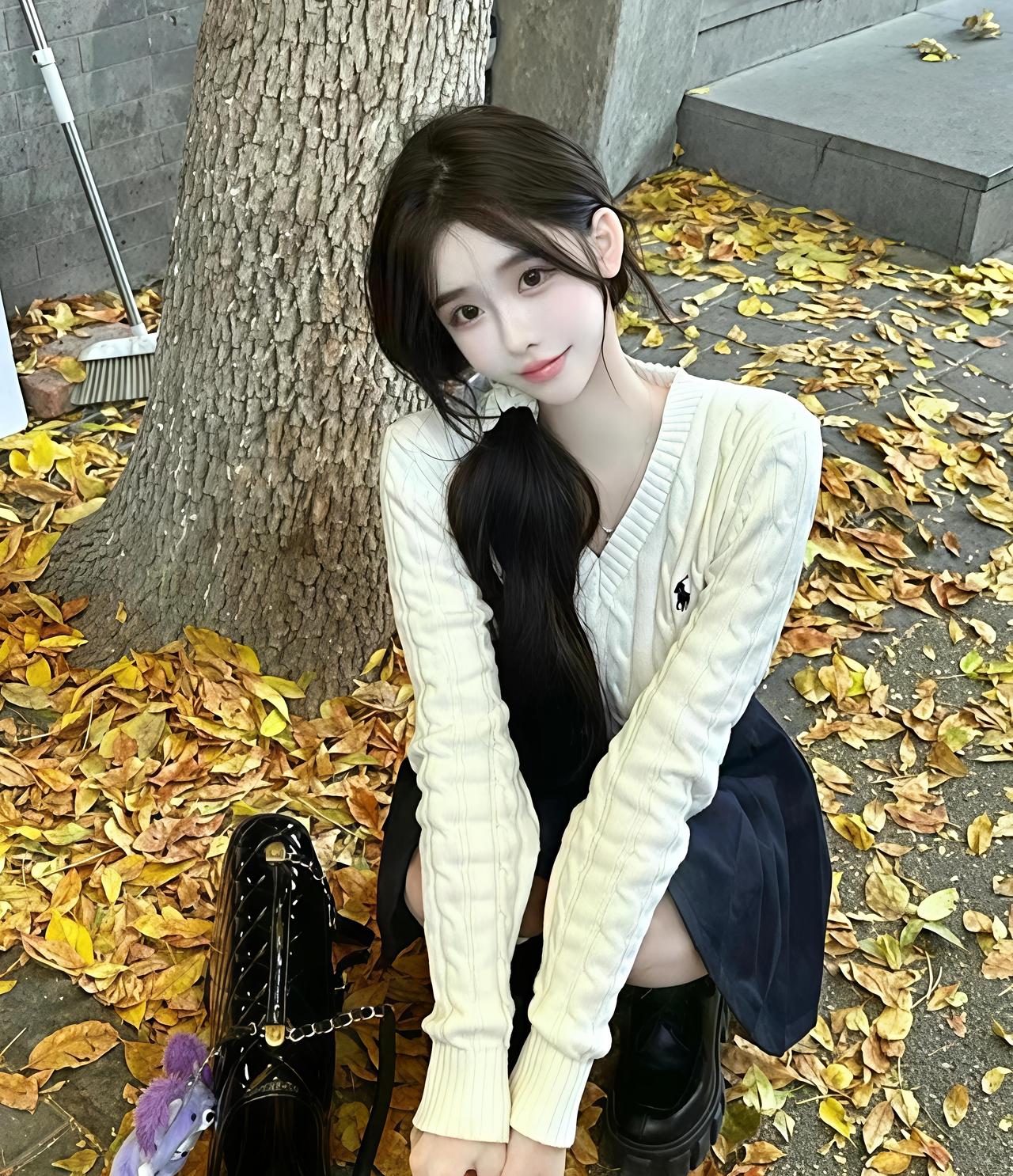 秋日暖阳下，少女与落叶的甜美邂逅秋日落叶季秋日少女照落叶氛围照片