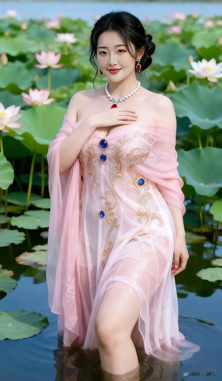 仙气飘飘的粉色古风裙，置身荷塘，宛如画中仙子。