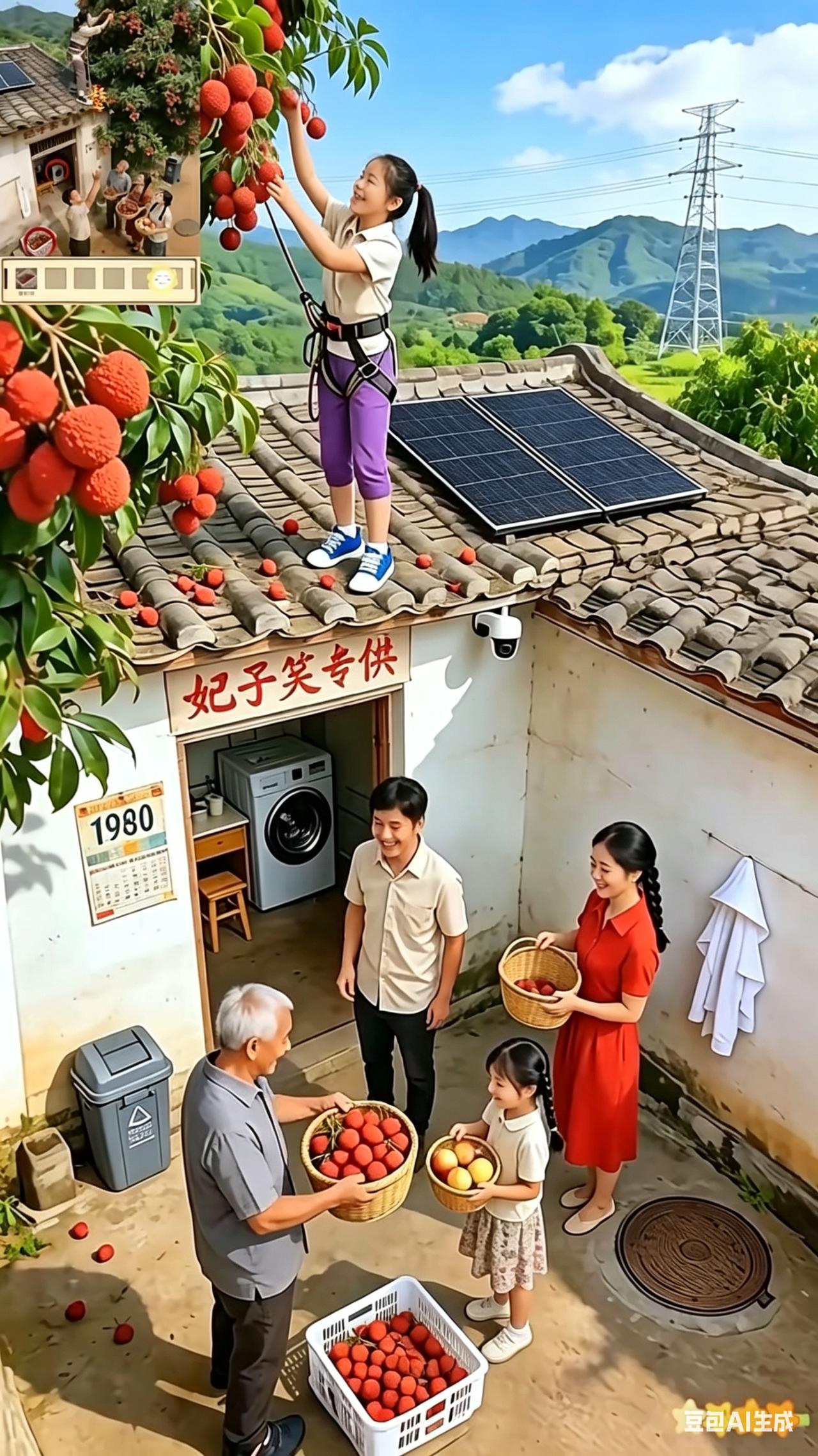 这堪称史上最难找的不同之处了！图片中，小姐姐采摘荔枝的场景，还有一家人见证丰收
