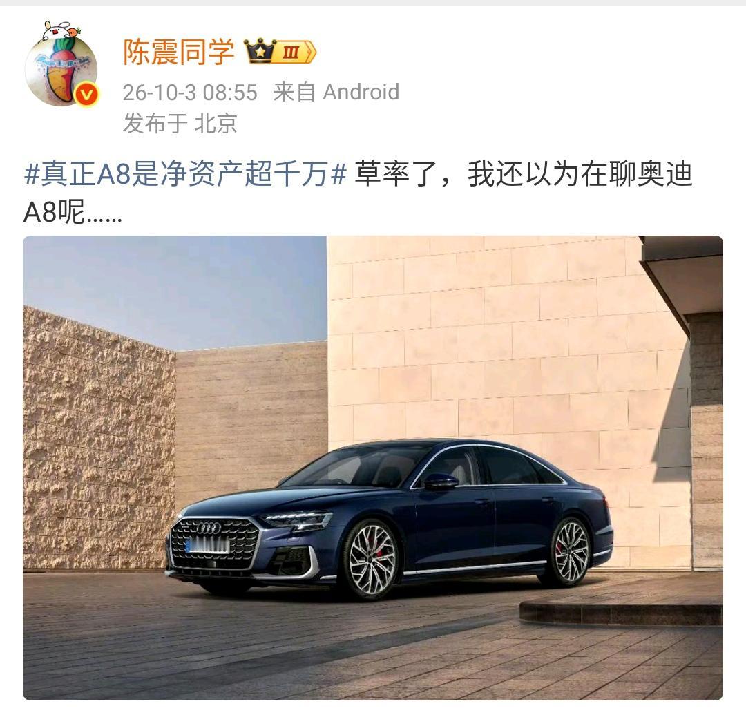 陈震：真正A8是净资产超千万草率了，我还以为在聊奥迪A8呢……​​​最