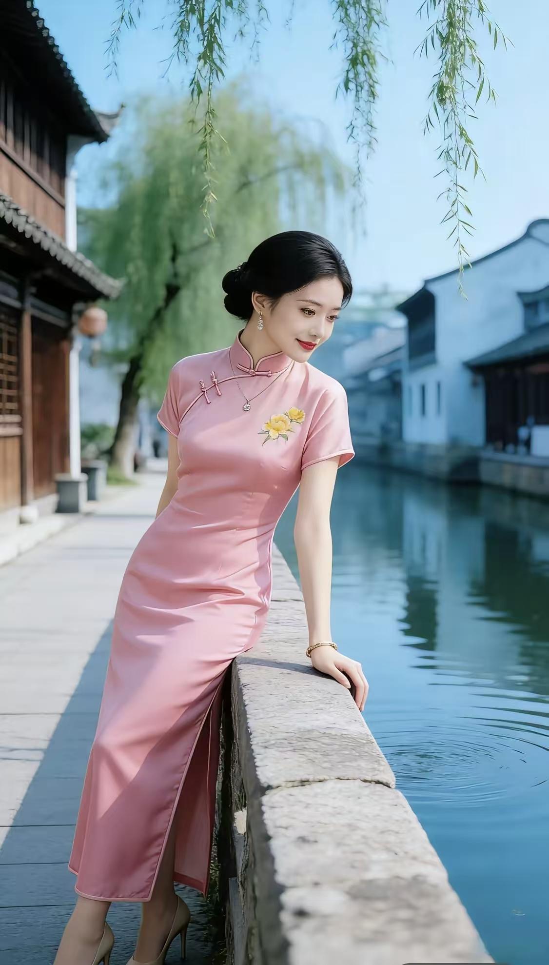 山坡羊·旗袍佳人一袭粉袍，半江烟绕，粉黛轻添柔姿妙。影飘摇，步生娇，衣