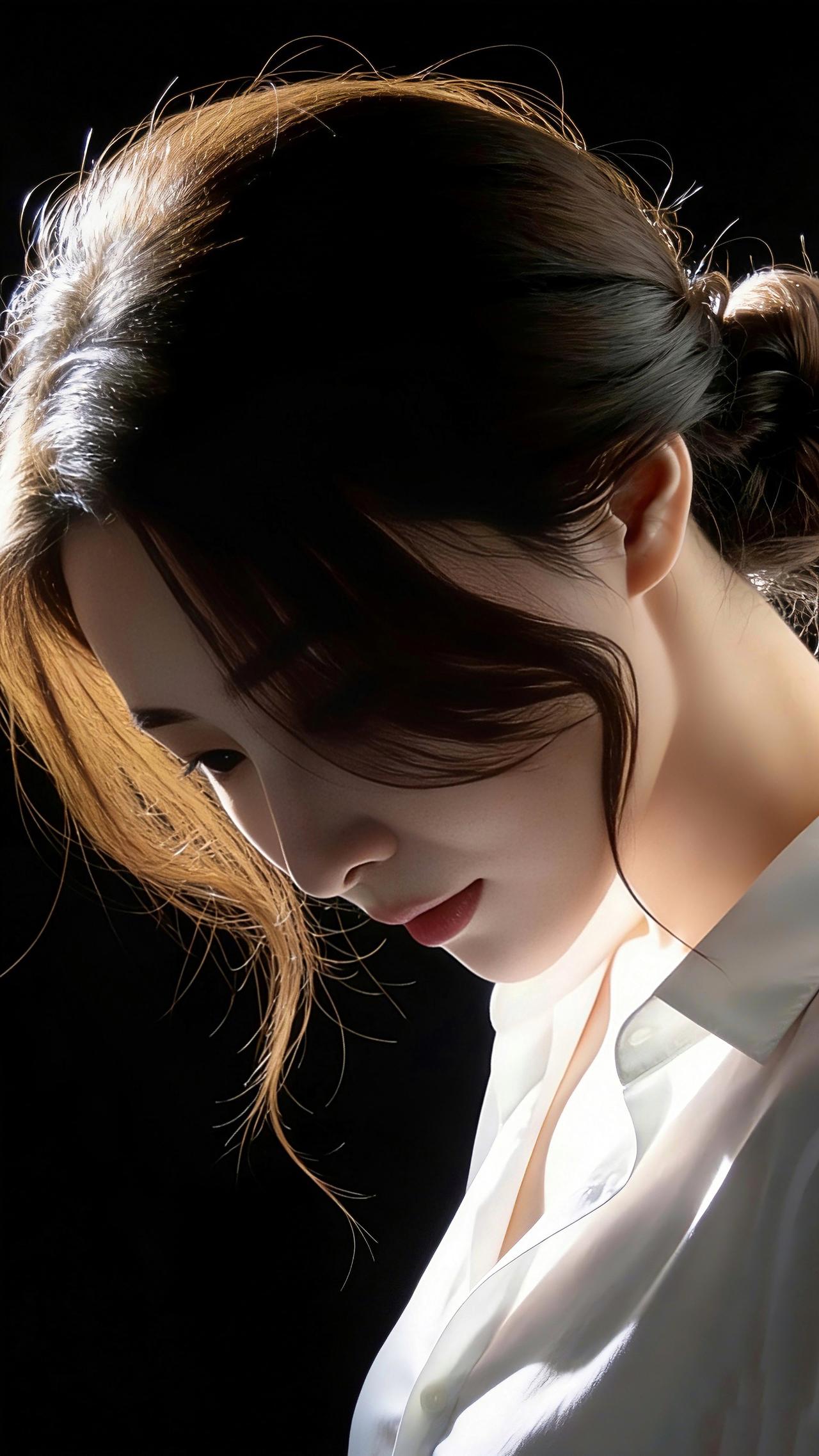 九帧同绘乌发白衫仙。乌发盘束碎发垂，白衫胜雪衬雪肌。侧颜精致眸藏星，眉眼温婉唇含