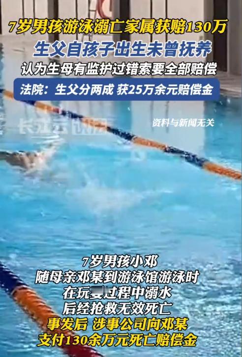湖南衡阳，一7岁男童在游泳馆不慎溺亡，男童的母亲获赔130万元，男童的赌鬼父亲得