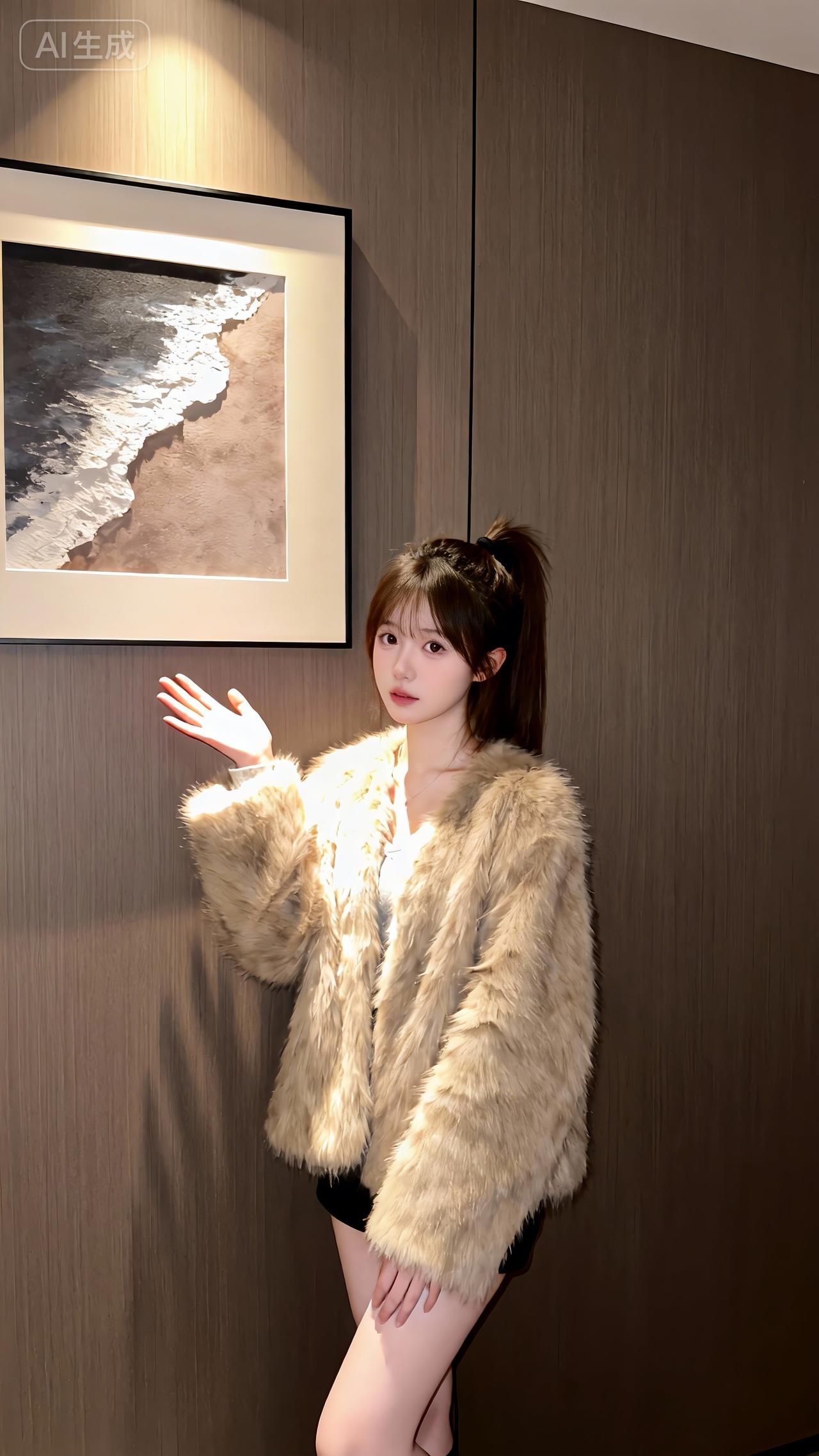 暖光裹着毛绒外套，浅杏色衬得她眼尾都软，马尾轻扬的弧度里，连室内风都浸了甜。秋