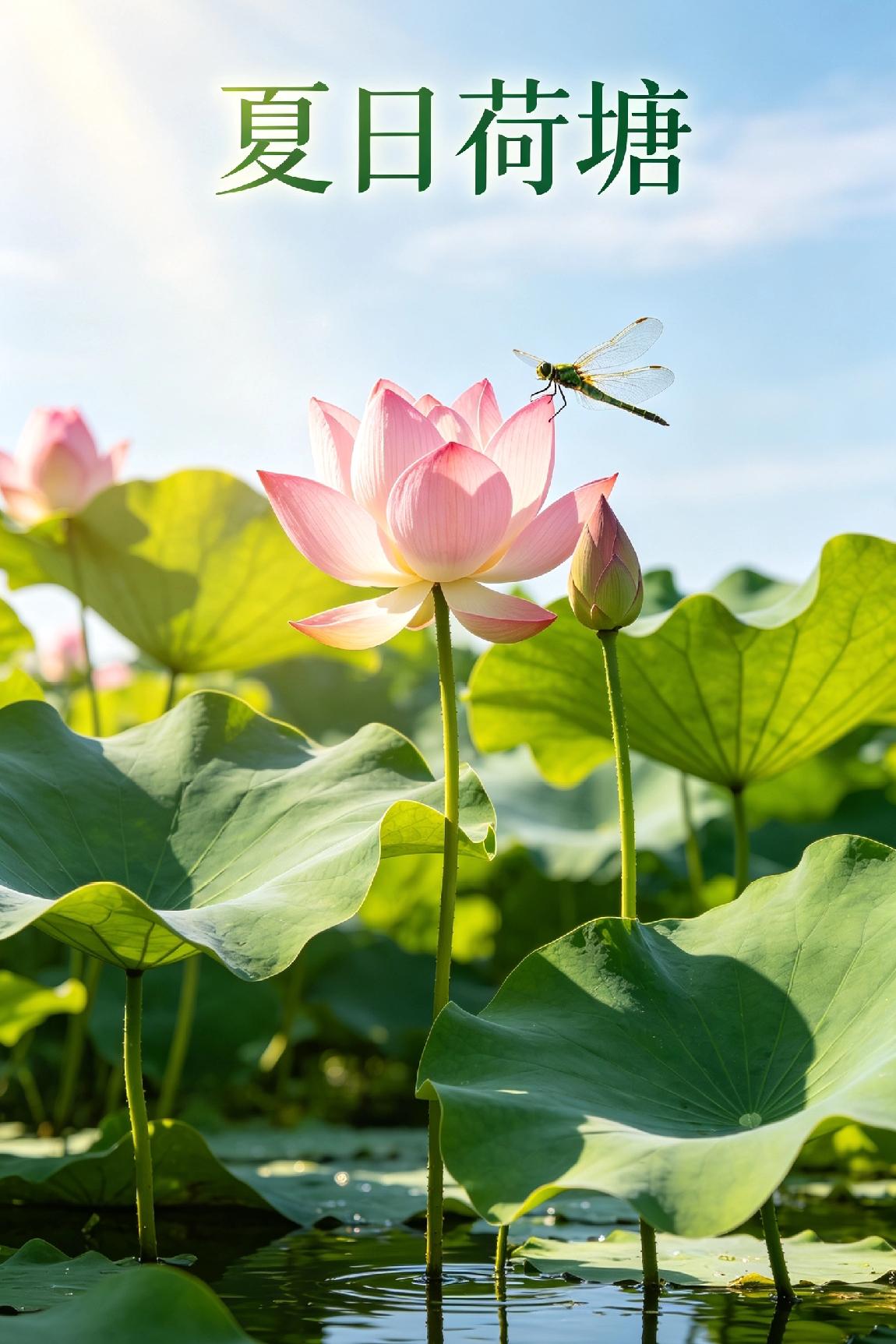 《夏日荷塘》翠盖连天映浅塘，轻风拂水送清香。红蕖次第舒霞色