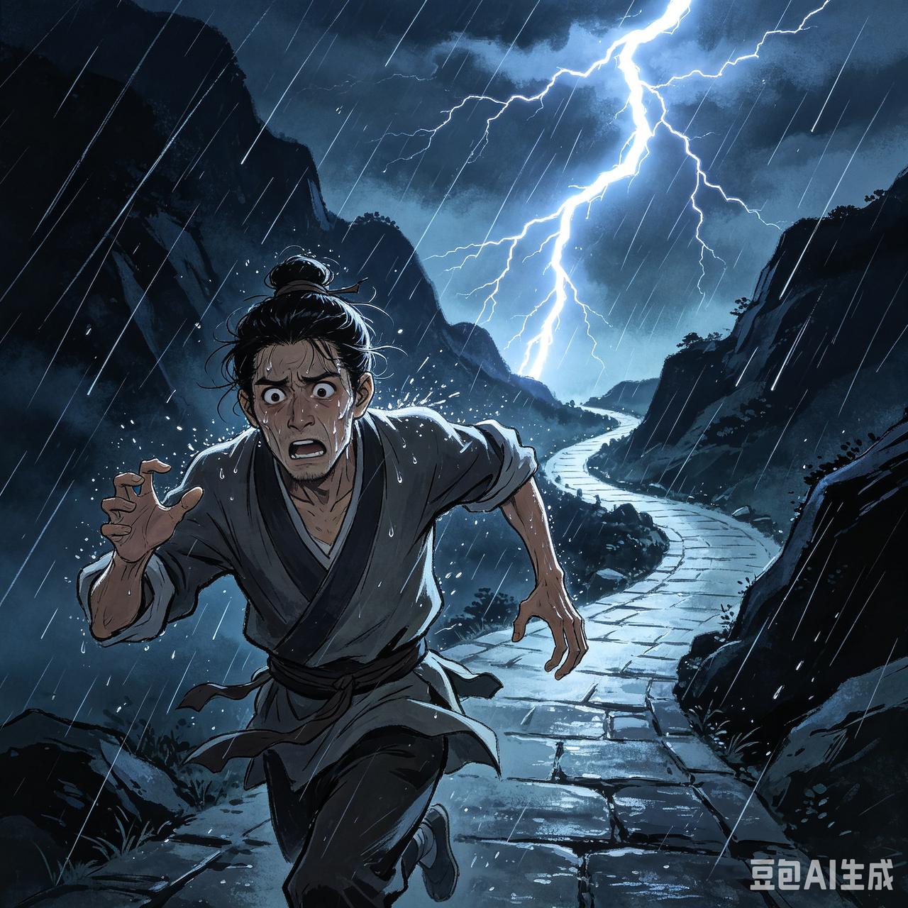 从前有个贼，在一户农家偷出一头牛。他牵着牛走在半道上，忽然天空乌云四合，电闪