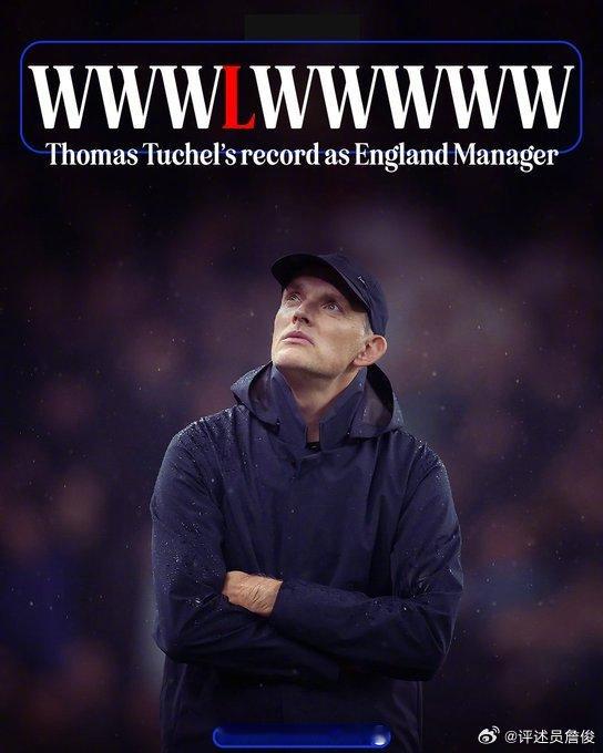 图赫尔上任后英格兰队仅在友谊赛输了一场给塞内加尔，世界杯外围赛七战全胜不丢球。昨