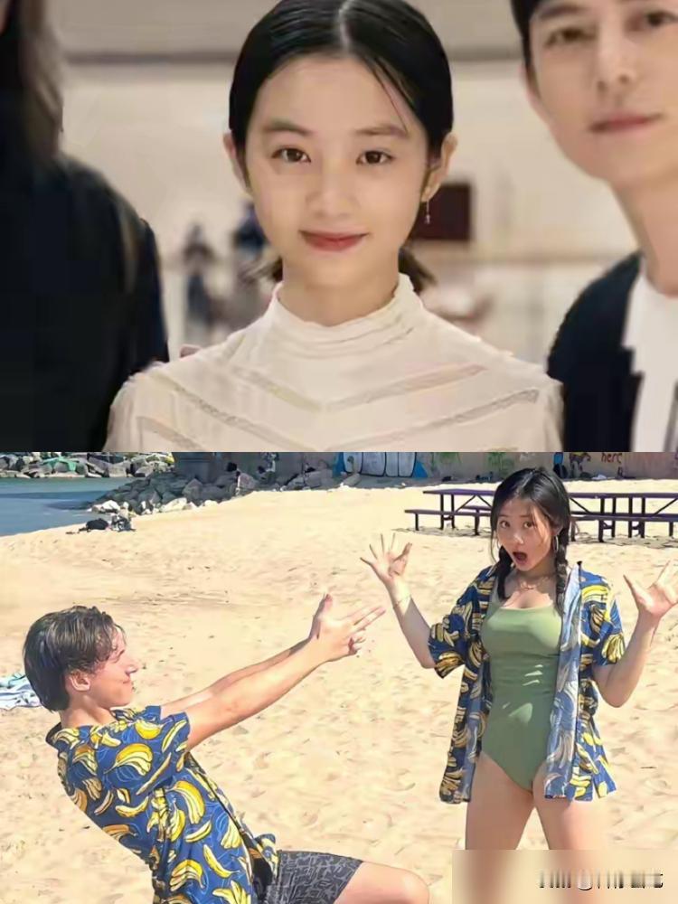 黄多多，17岁，一件泳衣。照片里是沙滩，牛油果绿的连体泳衣，外搭黑色短裤，扎