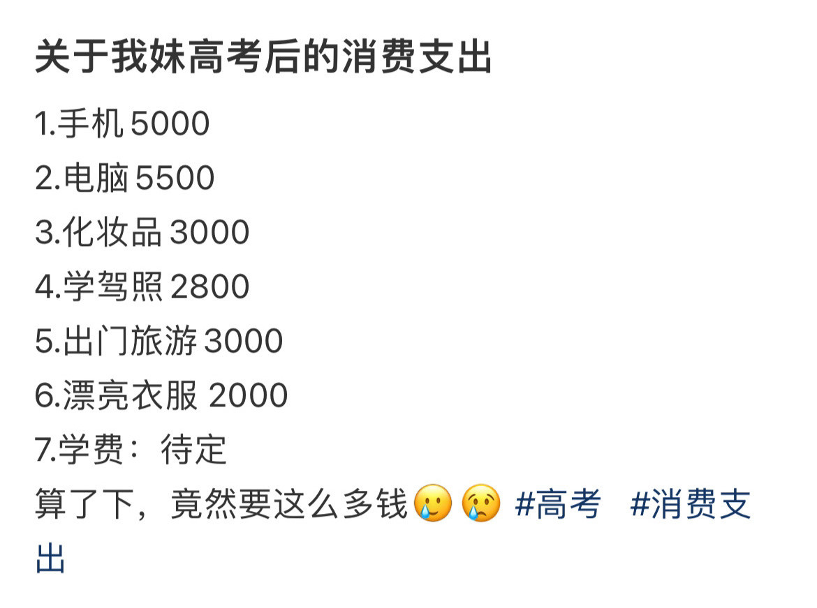 关于我妹高考后的消费支出