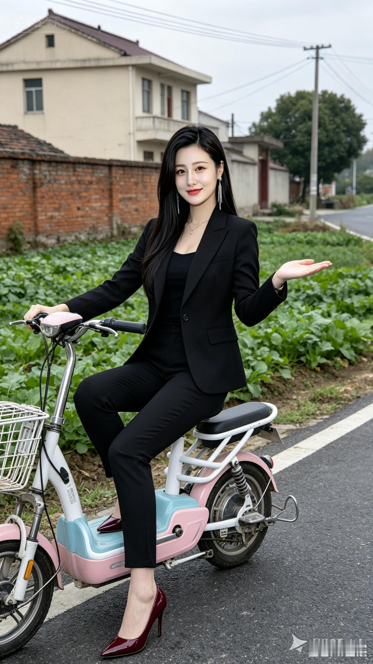 美女穿着正装，骑着小车，手摆姿势。