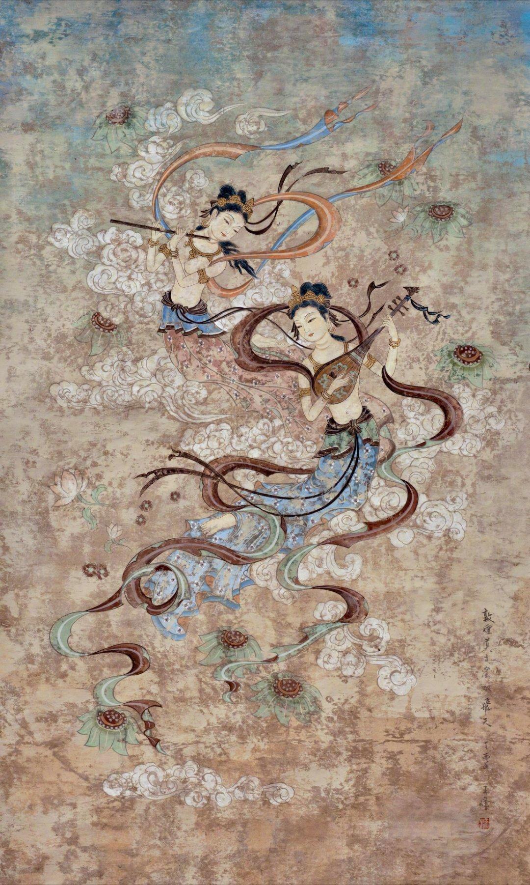 穿越千年的敦煌壁画，一眼沦陷东方仙气黄沙藏古韵，壁画续风华。从飘带漫卷、踏云