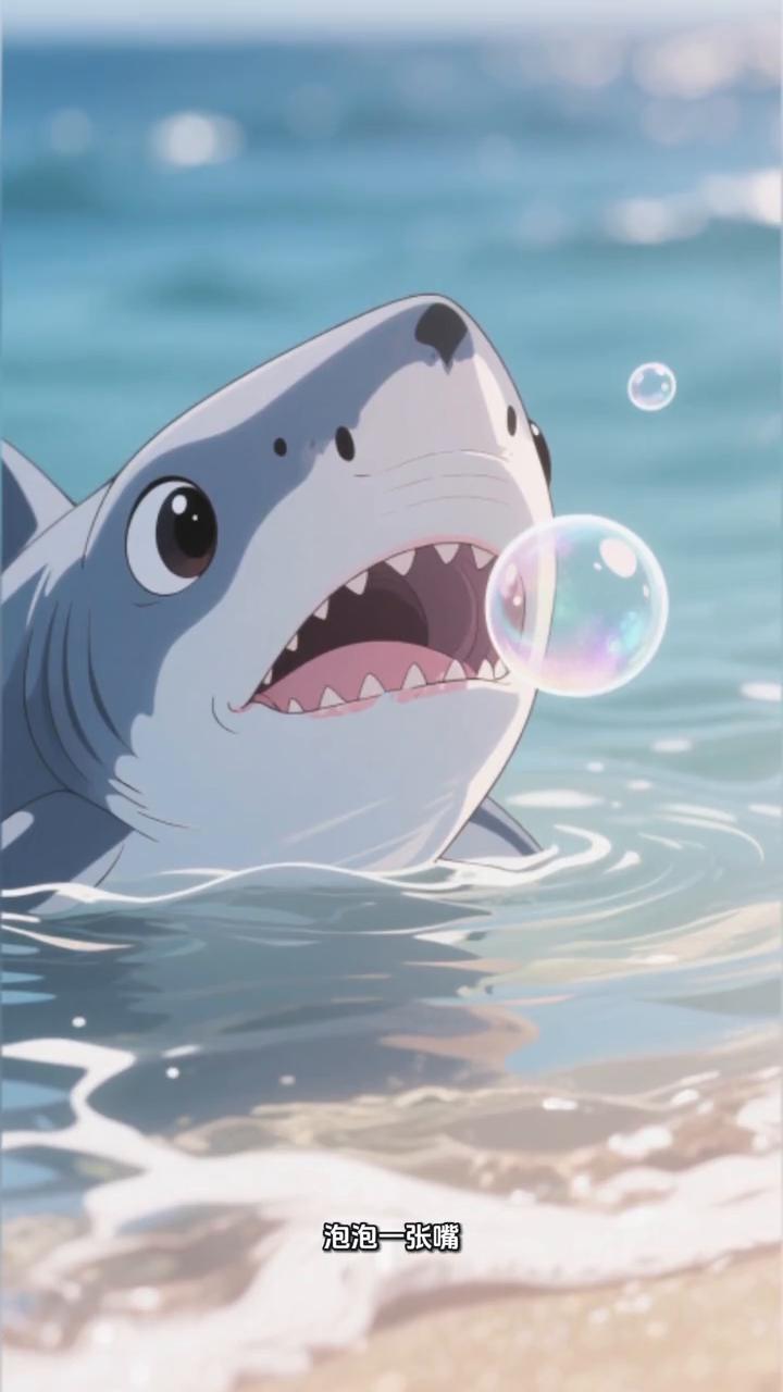掬一。小鲨鱼泡泡的勇者试炼。蔚蓝深邃的海底，阳光像金色的丝线穿过水面，洒在斑斓