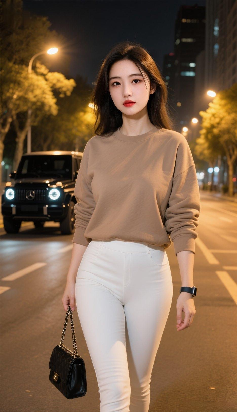 夏夜的上海，路灯一亮，街上全是电影镜头。咖色针织卫衣，领子半折，锁骨露一点，金