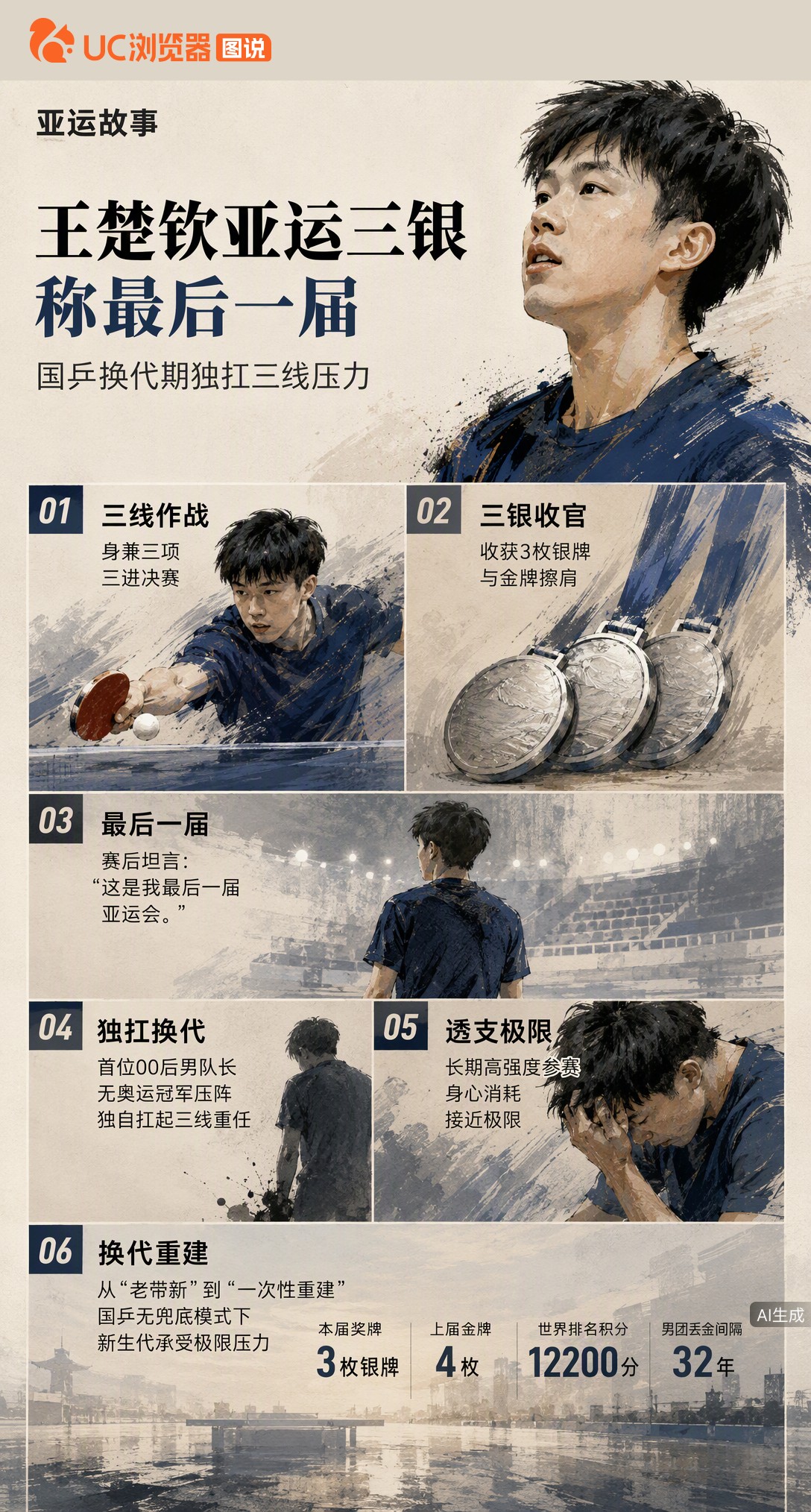 上届4金变本届3银，王楚钦赛后坦言这是最后一届亚运。国乒首次无奥运冠军压阵，他作为00后队长独扛三线