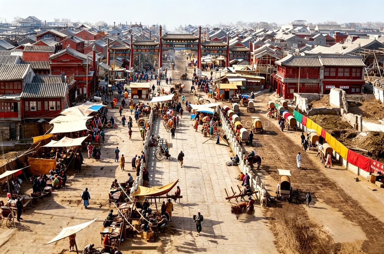 这是一百多年正阳门外大街上日常生活场景。大街上的交通工具主要有三种：马车、人力车