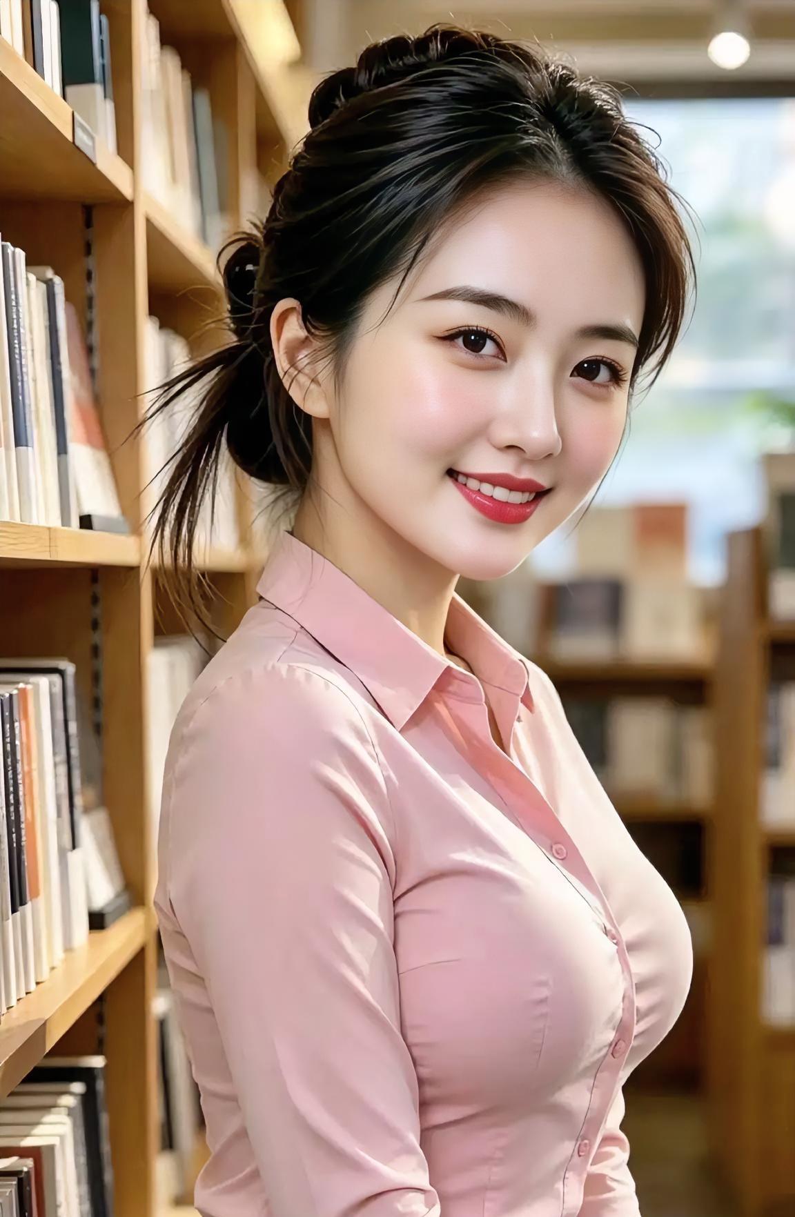 书架站成森林，粉衫裹着温温的光。发尾轻挽住风，回眸一笑亮。字里行