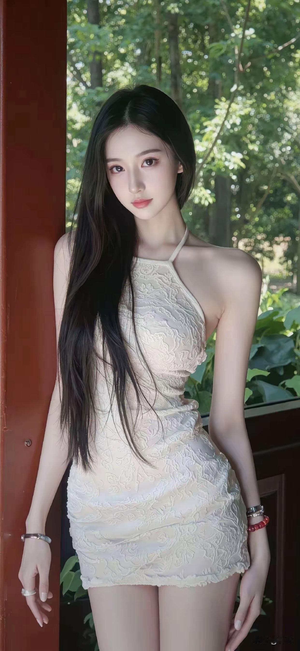 美图欣赏，看图写诗，情感解读《廊下晴光》七言绝句：素衣凝露倚朱廊，长