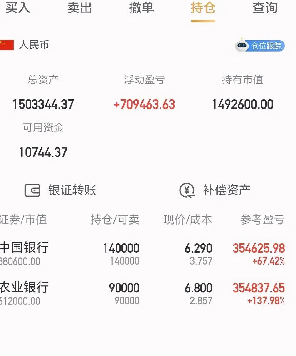 一张持仓截图，刷屏了。3.75元成本，买入中国银行140万股，本金砸进去52